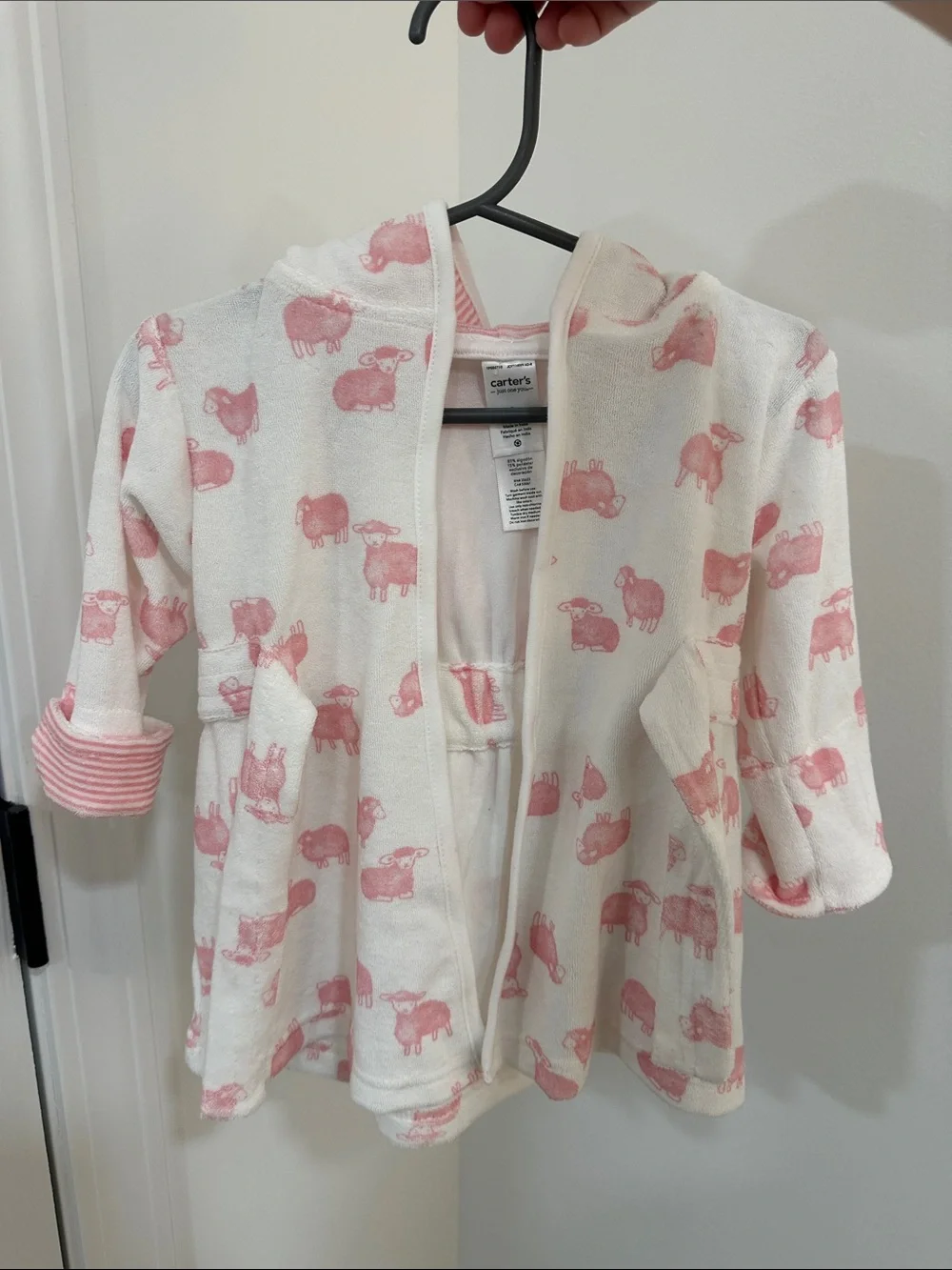 Carter's Cream Hooded Baby Robe with Pink Sheep Print